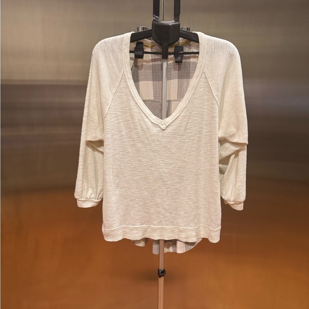 Anthropologie Pilcro Cream V-Neck Blouse w/Checkered Grey Back